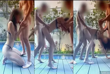 Threesome dengan vagina gemuk saudara perempuan di tepi kolam renang